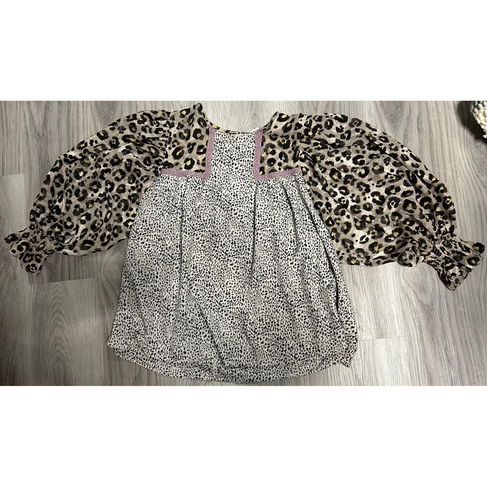Entro Mixed Animal Print Balloon Sleeve Embroidered Blouse Small textured boho‎
